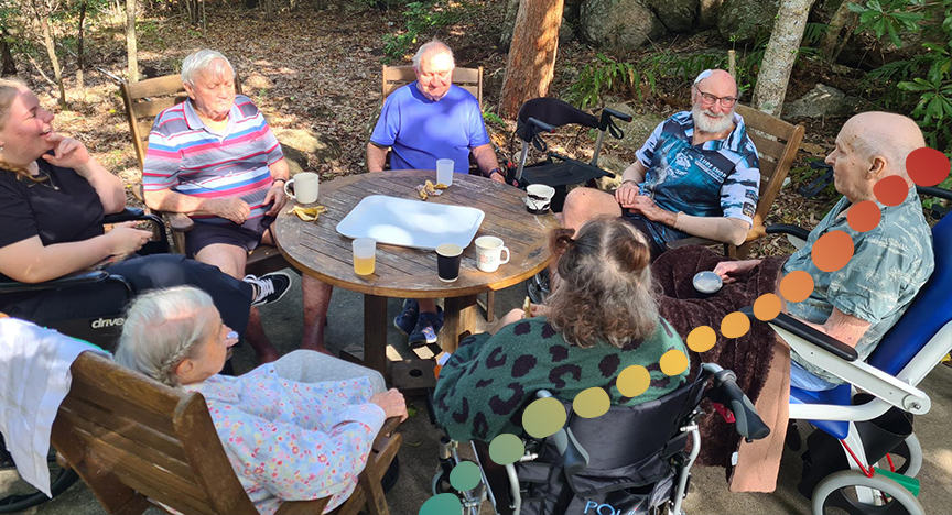 A group of people sitting outside, around a table